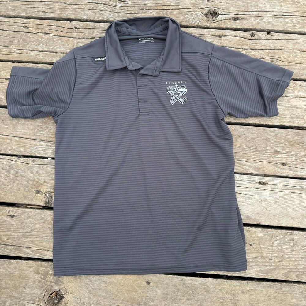 Bauer Lincoln Stars Hockey Polo Shirt Modern Mens Size Large Gray Striped Jersey